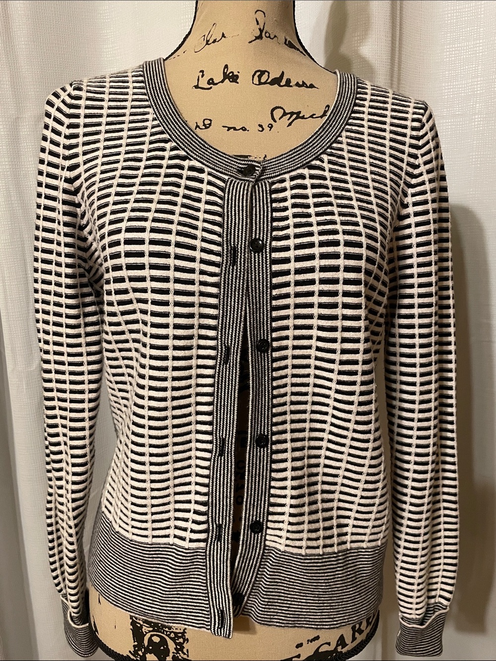 Worthington Black and White Grid-Pattern Cardigan